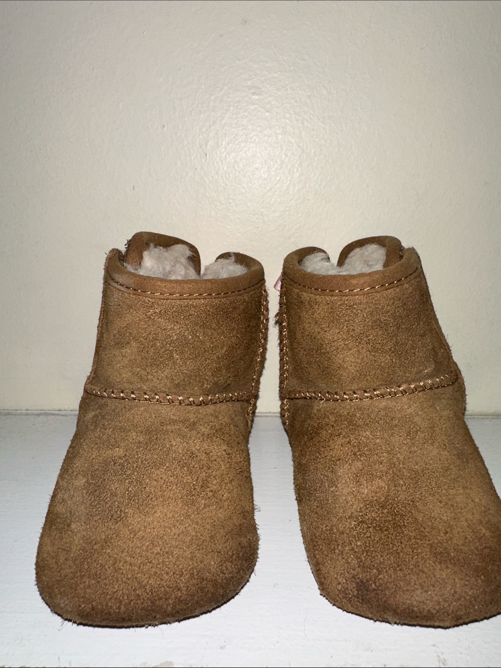 UGG Baby Shearling Booties with Pink Ribbon - Chestnut Brown